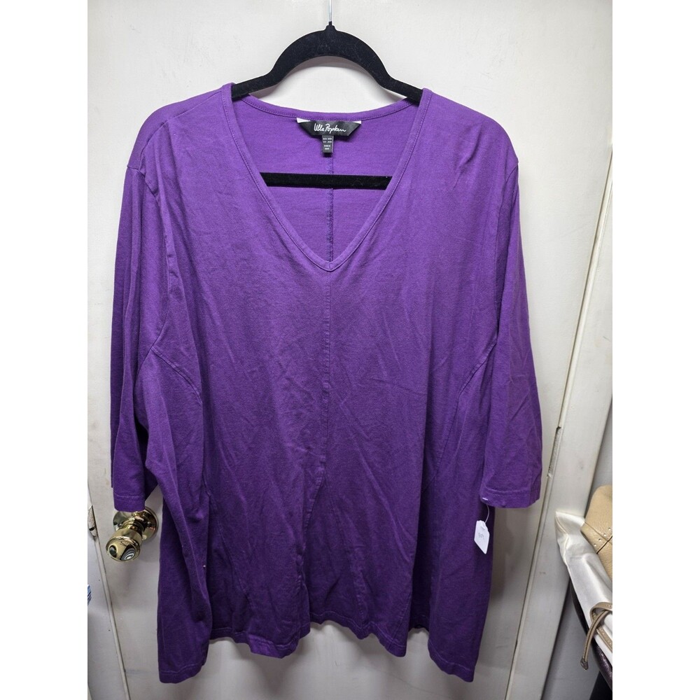 Ulla Popken 24 26 3XL Purple Cotton Tunic 3/4 Sleeves V-Neck